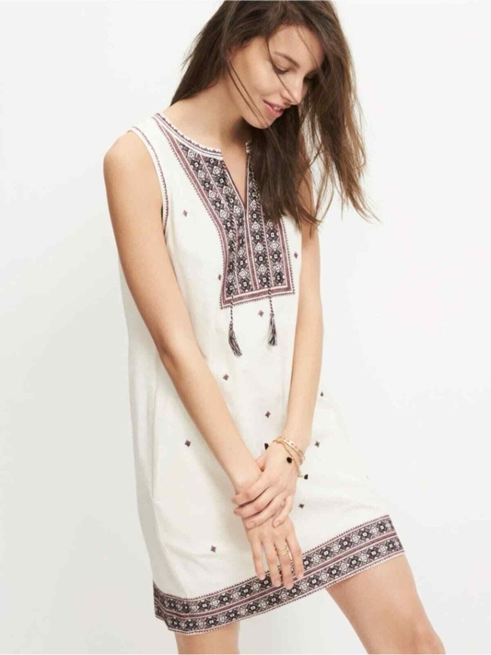 Madewell Cream Sleeveless Embroidered Mini Dress with Black and Pink Accents